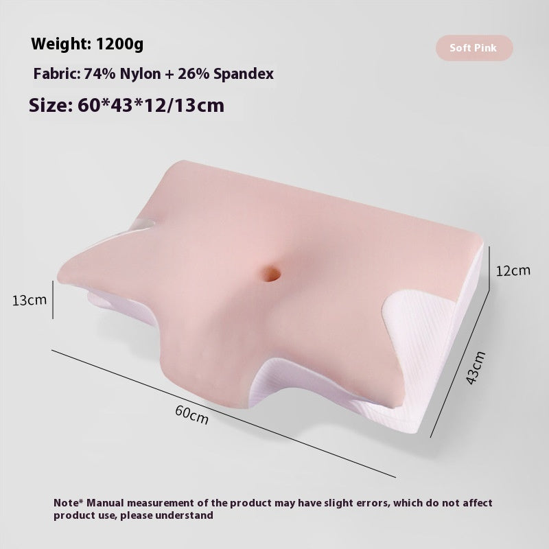 Contour cervical support pillow with soft pink cover variant on a bed