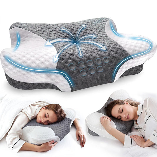Breathable cervical pillow with gray and white plaid cover for cool sleep