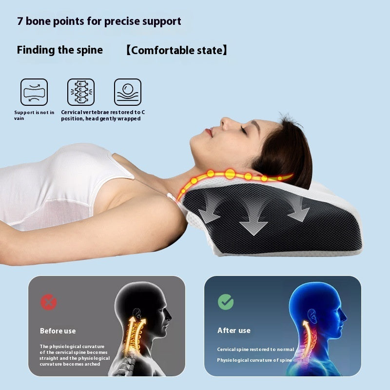 Horn-shaped cervical pillow shown at an angle displaying the contoured neck cradle