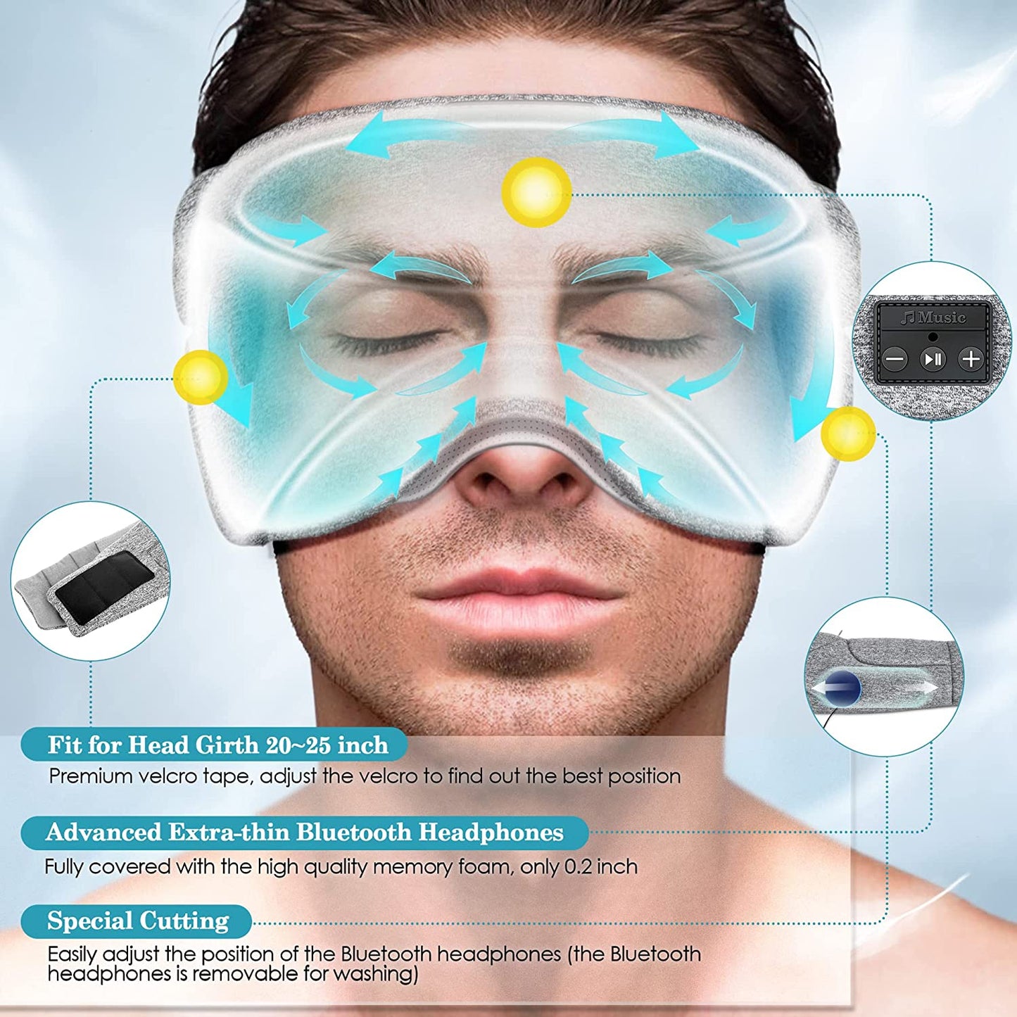 Bluetooth sleep mask with white noise shown with USB charging cable