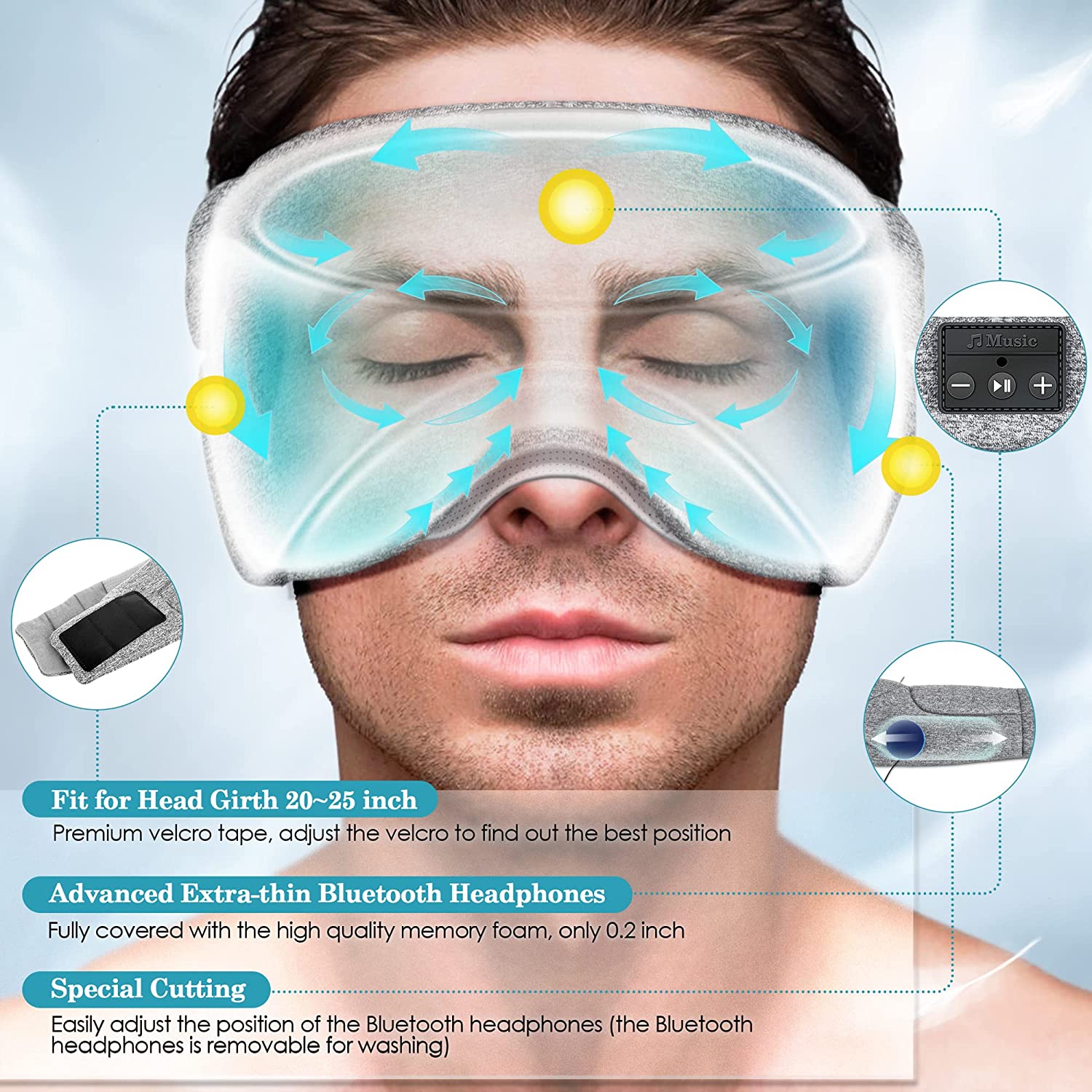Bluetooth sleep mask with white noise shown with USB charging cable